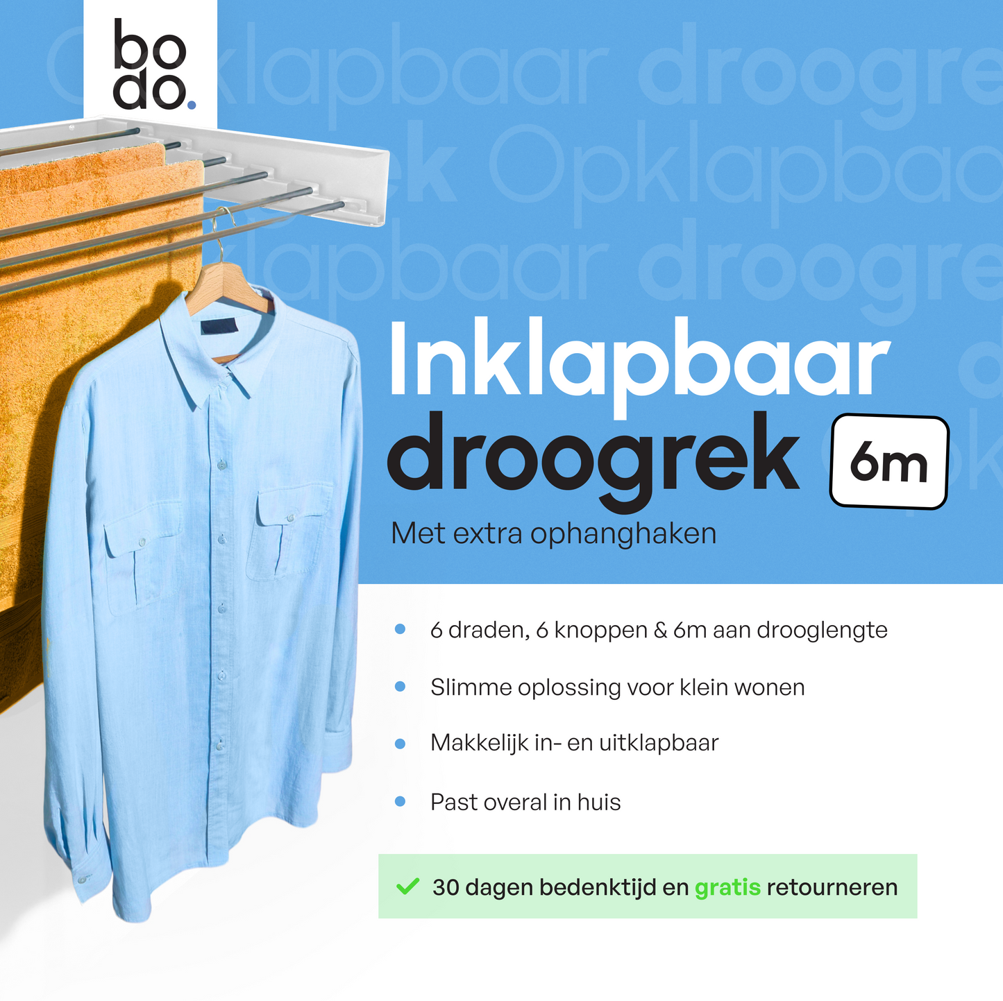 Bodo® In- en uitklapbaar droogrek met Ophanghaken - Wit - 6m Drooglengte