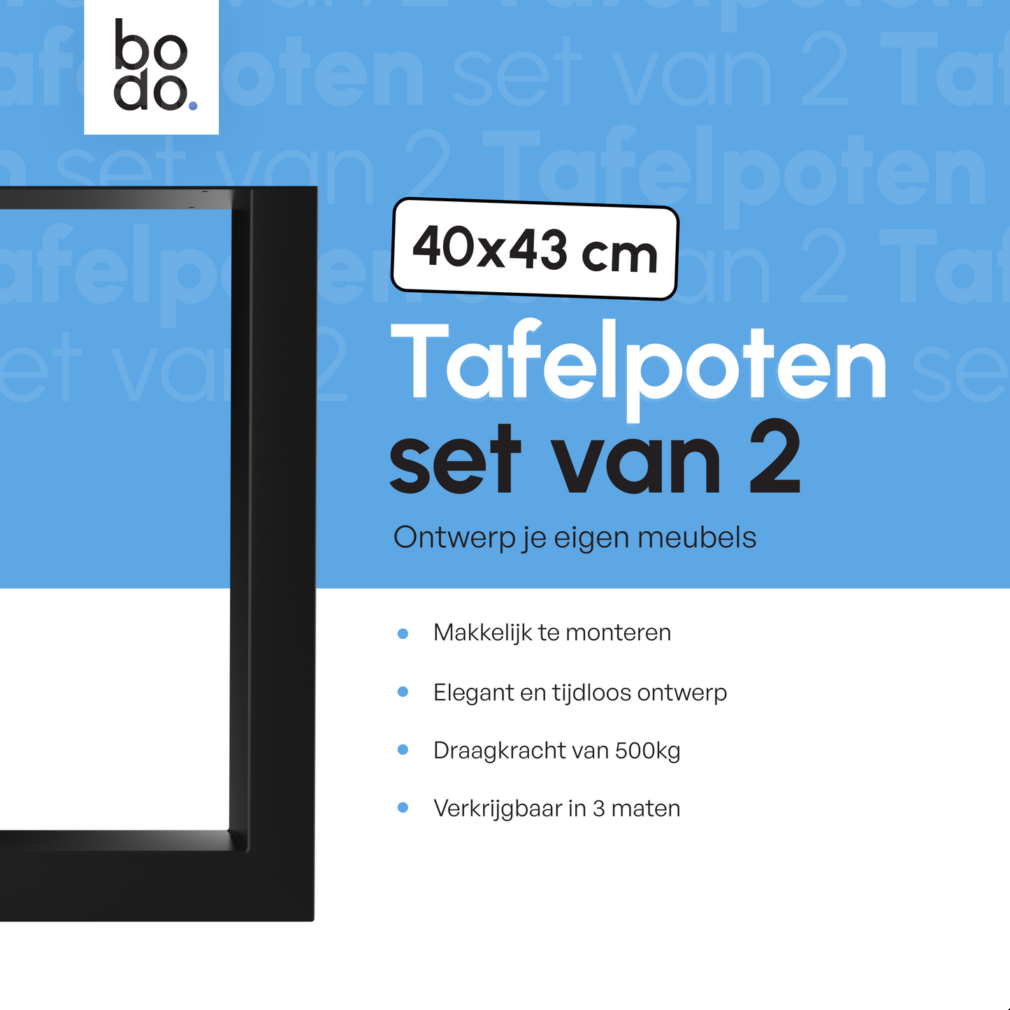 Bodo® - Stalen Onderstel Tafel - Tafelpoten - Set van 2 - U bankpoot 40x43 cm - Mat Zwart